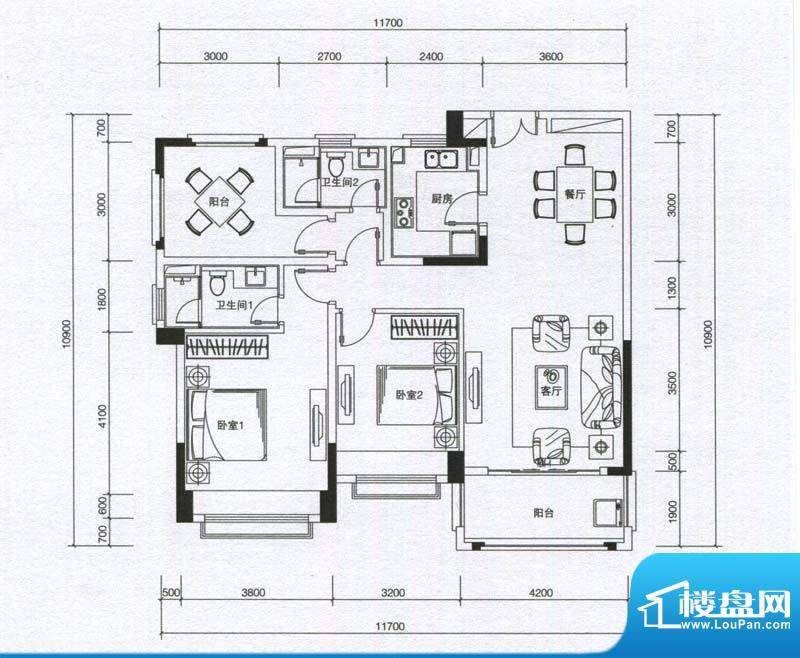 华发蔚蓝堡户型图B户型 2室2厅面积:115.00平米