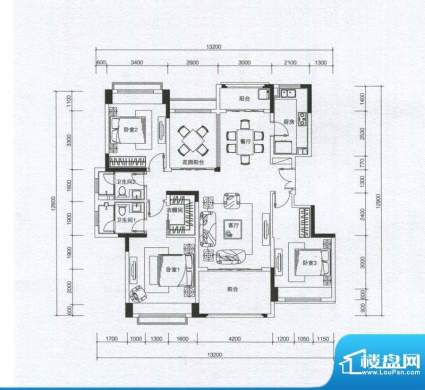 华发蔚蓝堡户型图G户型 3室2厅面积:143.00平米