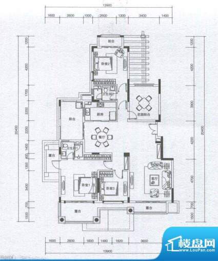 华发蔚蓝堡户型图L3户型 3室2厅面积:162.00平米