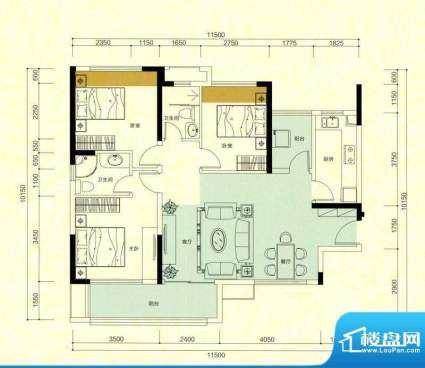 金鸿利嘉阁户型图1栋2单元03房面积:94.59平米