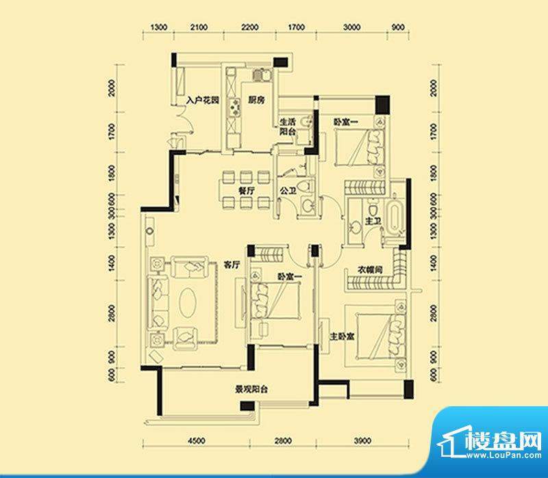 远大美域四期户型图紫檀金殿B户面积:142.00平米