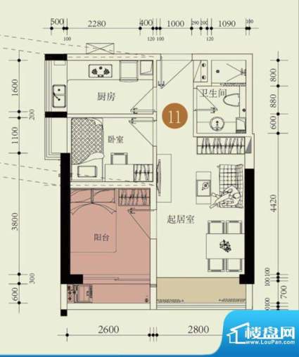 国子间户型图D户型11房 1室2厅面积:51.30平米