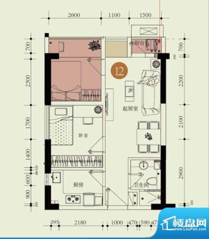 国子间户型图D户型12房 1室2厅面积:51.30平米