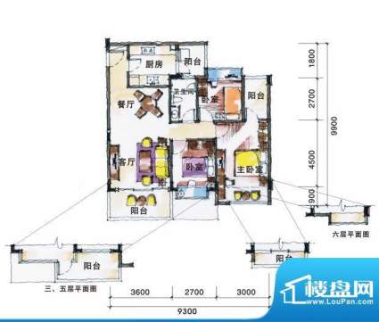 乾城美景户型图2栋01、04房 3室面积:87.80平米