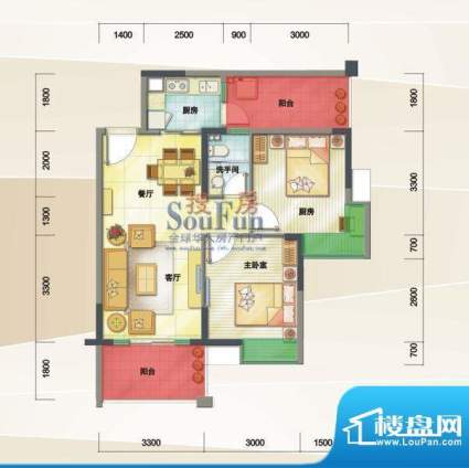 德昌盛景户型图2栋1、2、3、4单面积:74.03平米