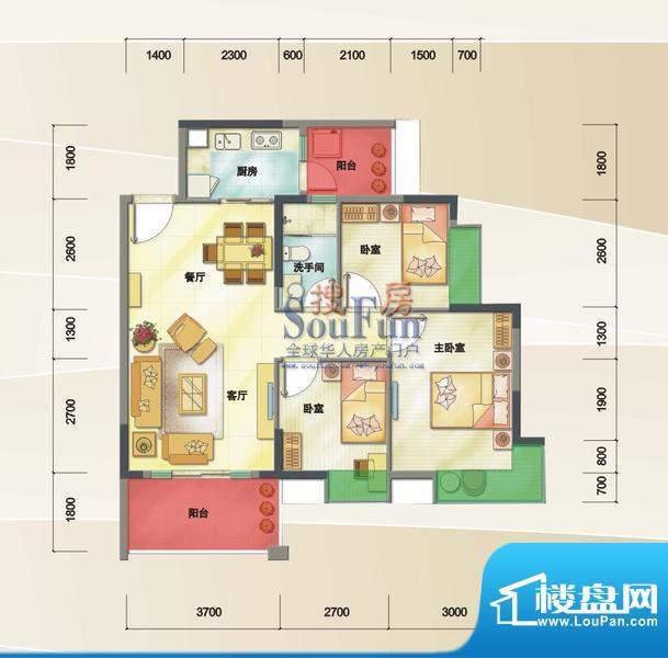 德昌盛景户型图2栋2、3单元04房面积:88.07平米