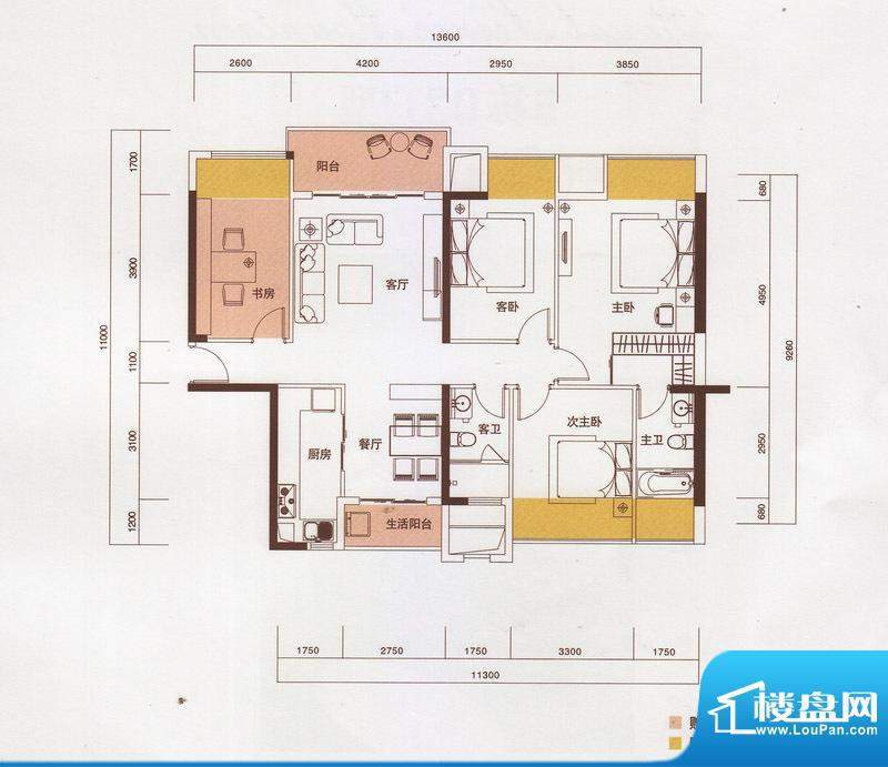 新光御景山户型图5栋02户型 4室面积:138.00平米