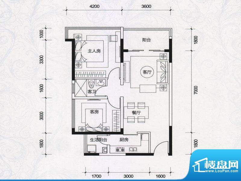 棕榈四季户型图4栋1单元03房户面积:72.00平米