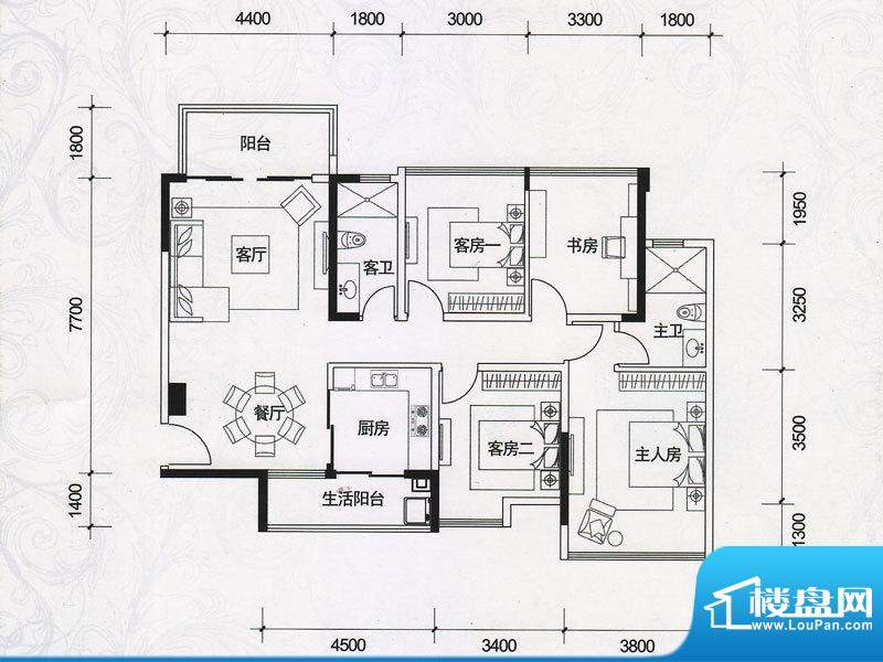 棕榈四季户型图3栋1-2单元02房面积:115.00平米