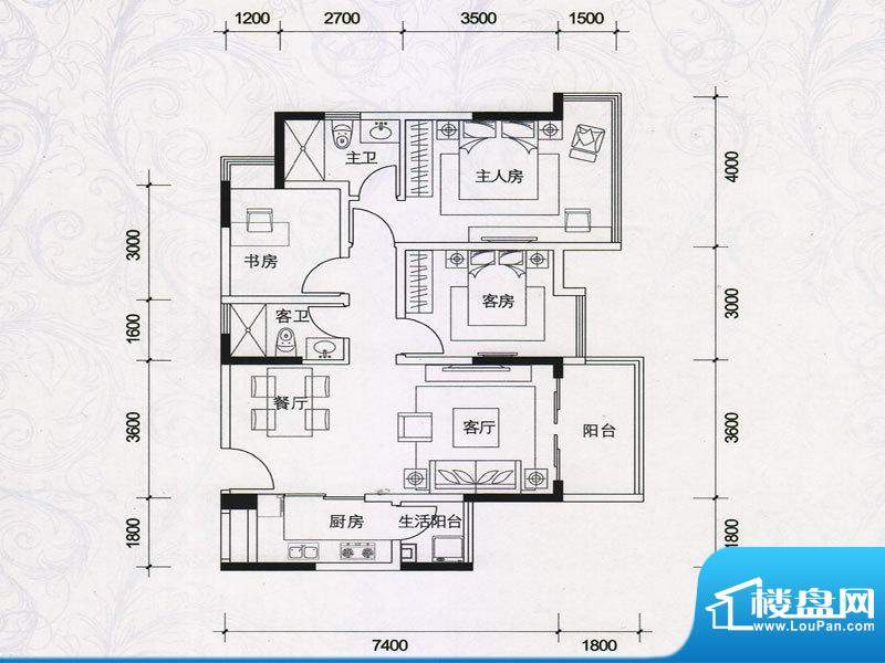 棕榈四季户型图4栋2单元01房户面积:86.00平米