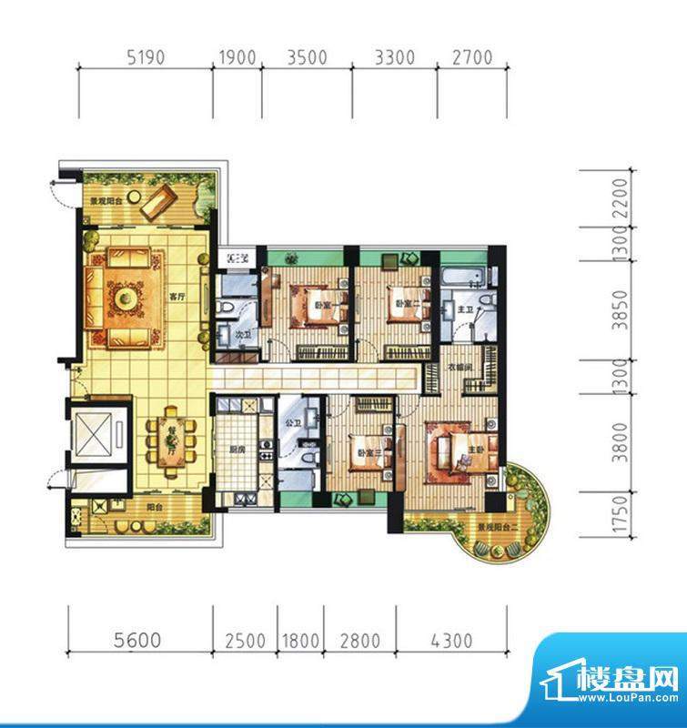 中信红树湾户型图2栋1单元01户面积:181.00平米