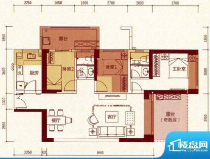 御景国际户型图5栋2单元02户型面积:88.25平米