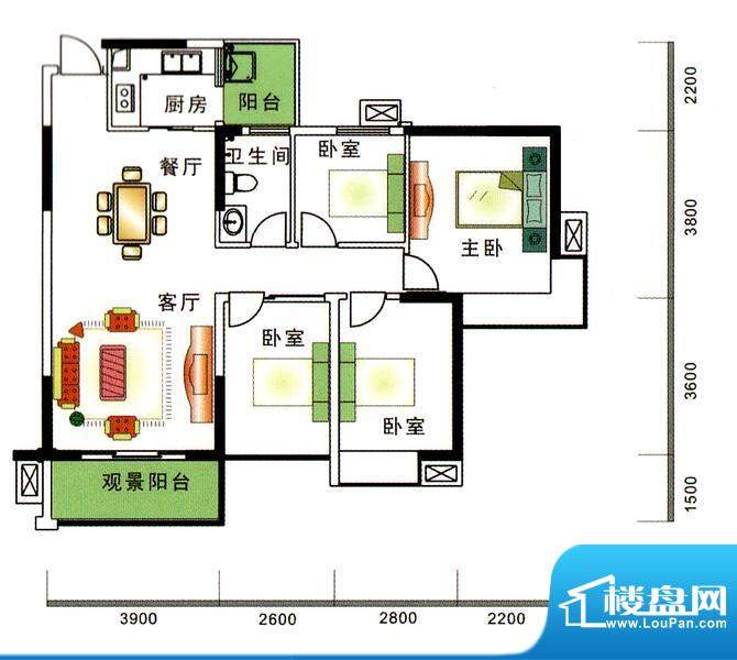 荟雅名苑户型图3栋03、04房 4室面积:105.41平米