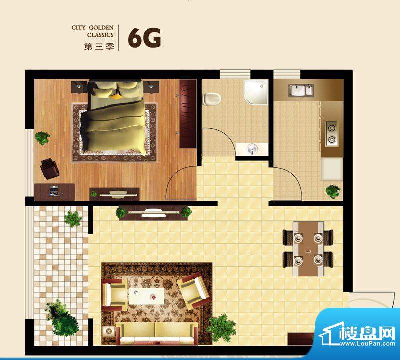 大北京城上城户型图6G户型 1室面积:50.00平米
