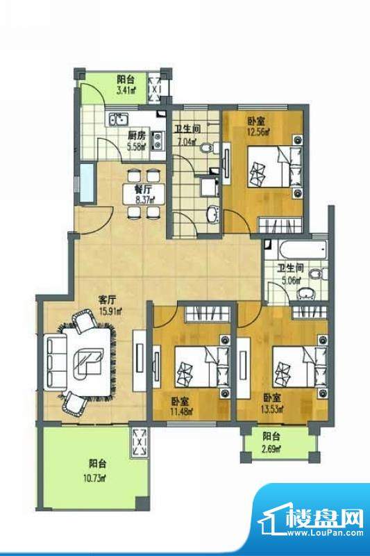 香公馆户型图三居户型图 3室2厅面积:126.98平米