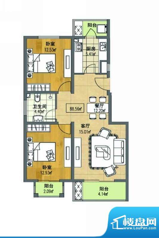 香公馆户型图两居户型图 2室2厅面积:88.56平米