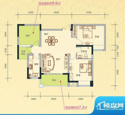 罗浮南山美庐F2户型面积:88.96m平米