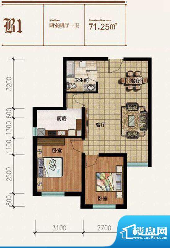 方正英郡二期户型图B1户型图 2面积:71.25平米