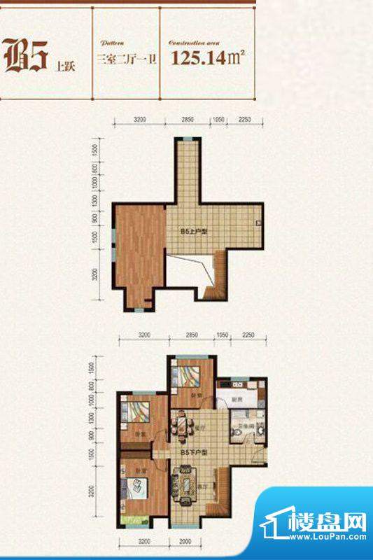 方正英郡二期户型图B5上跃户型面积:125.14平米