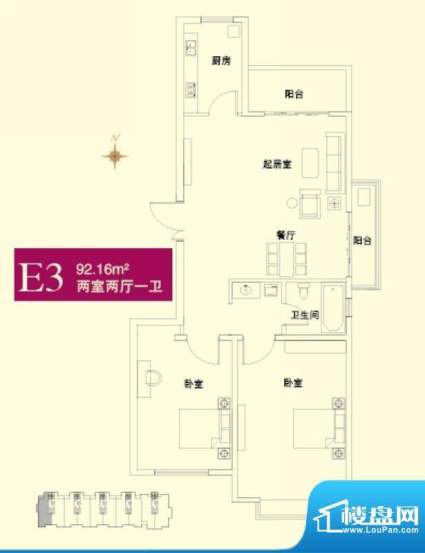 国泉城户型图E3户型图 2室2厅1面积:92.16平米