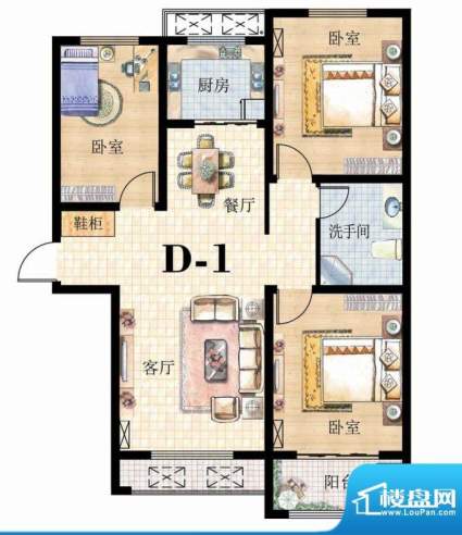 恒基·东尚户型图d1 3室2厅1卫面积:115.00平米