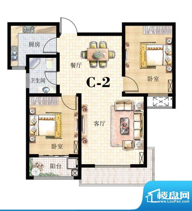 恒基·东尚户型图c2 2室2厅1卫面积:80.00平米