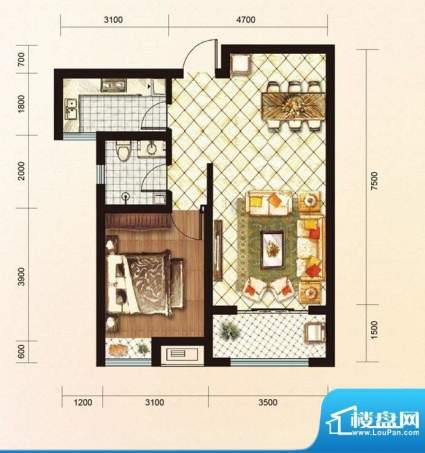 绿地公馆户型图a 1室2厅1卫1厨面积:70.00平米