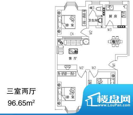 灵芝花园户型图a 3室2厅1卫1厨面积:96.65平米