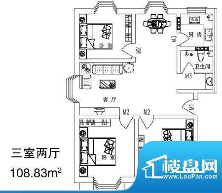 灵芝花园户型图b 3室2厅1卫1厨面积:108.83平米