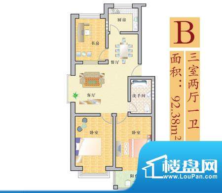 锦绣华庭户型图b 3室2厅1卫1厨面积:92.38平米