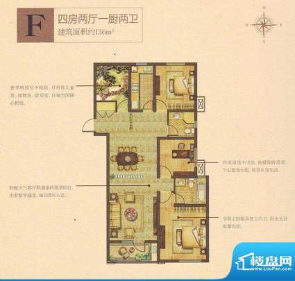 奥林清华首府户型图101#楼F户型面积:136.00平米