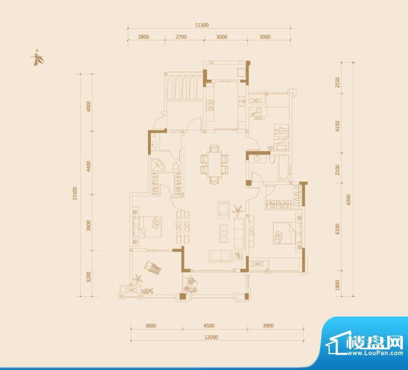 金科廊桥水岸户型图一期15#D户面积:150.00平米