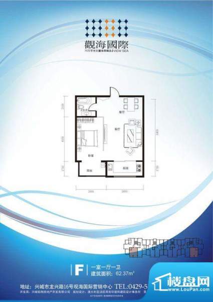观海国际F户型 1室1面积:62.37m平米