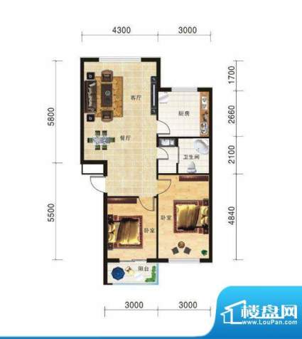 山海龙城E两室两厅一面积:85.24m平米