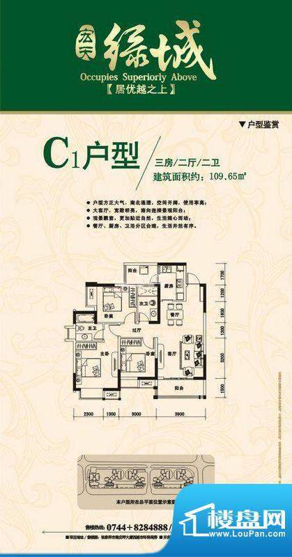 宏天绿城户型图C 3室面积:109.65m平米
