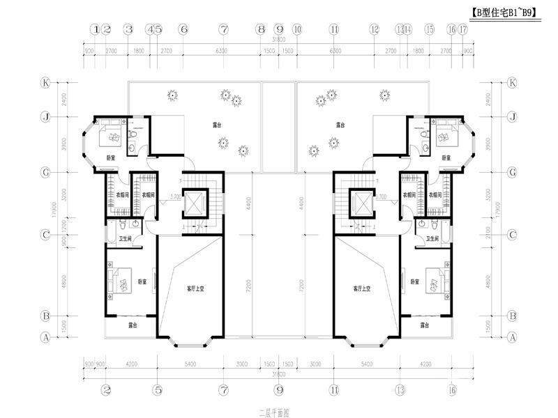 包头中城·国际城户型图B1~B9二层平面图