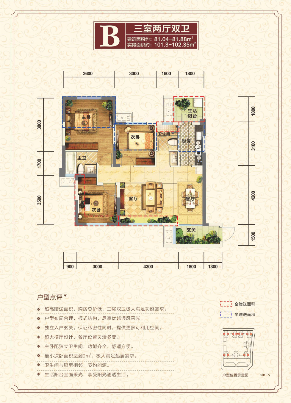 眉山景观33号3室2厅1卫户型图-眉山楼盘网