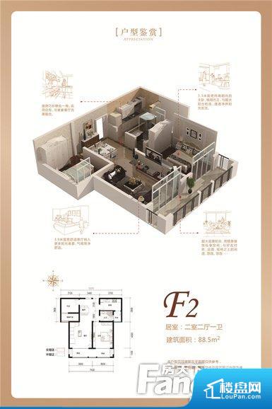 F2户型，两室两厅一厨一卫，建筑面积88.5㎡。