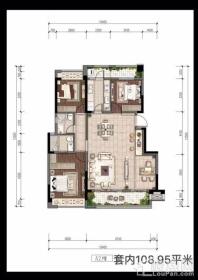 洋房A2套内109户型， 3室2厅2卫1厨， 建筑面积约132.00平米