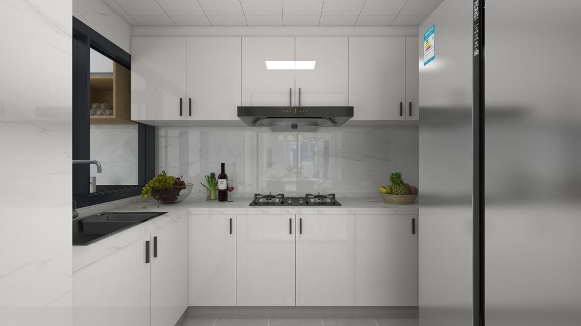 L型厨房，经典的黑白配色，时尚大气；简约的设计，让厨房空间简洁明亮，现代感十足。